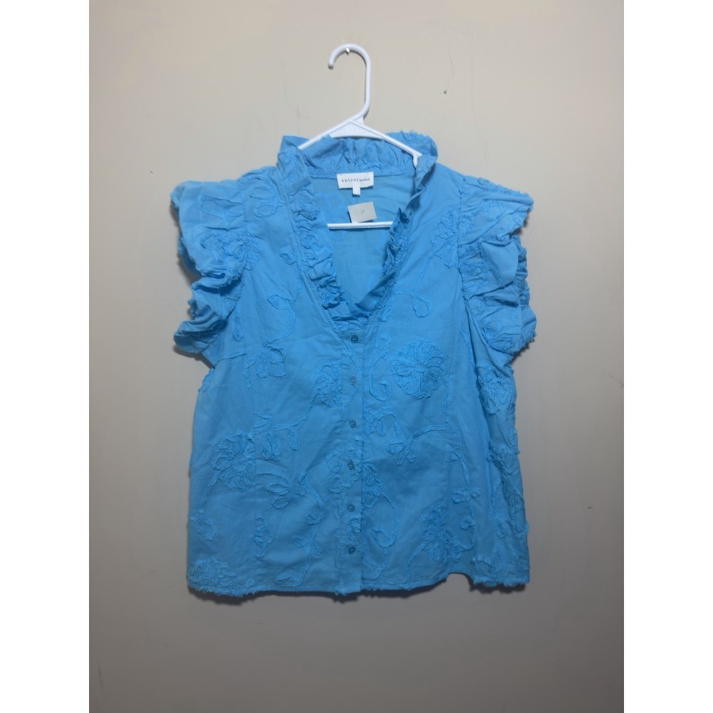 Entro Turquoise  Cotton Ruffle V-Neck Blouse Floral Applique Sleeveless NWT  Med